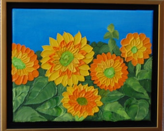 Sunflowers in garden - ORIGINAL Oil Painting  by Trupti Vakharia Wall decor Heavy Textured Impasto Art 8x10