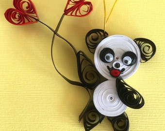 Quilled Panda With Red Balloons - Quilling Art by Trupti Vakharia - Quilled Panda Ornament - Unique Valentines Day gift-Kids Room Decor