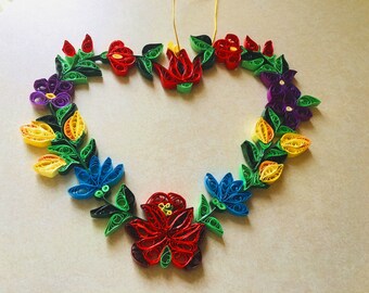 Quilled Heart - Multicolor Floral Wreath, Valentine's day gift, Mother's Day Gift, Anniversary,Gift for her, Home decor,Unique wreath
