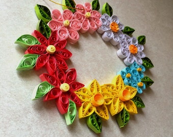 Quilled Floral Wreath - Spring floral wreath, Valentine's day gift, Mother's Day Gift, Anniversary, Gift for her, Home decor, Unique wreath