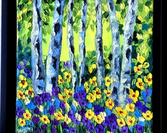 Purple and Yellow Wild Flowers - Original Oil Painting by Trupti Vakharia - Heavy Textured Palette Knife Impasto Art - 8"x8"