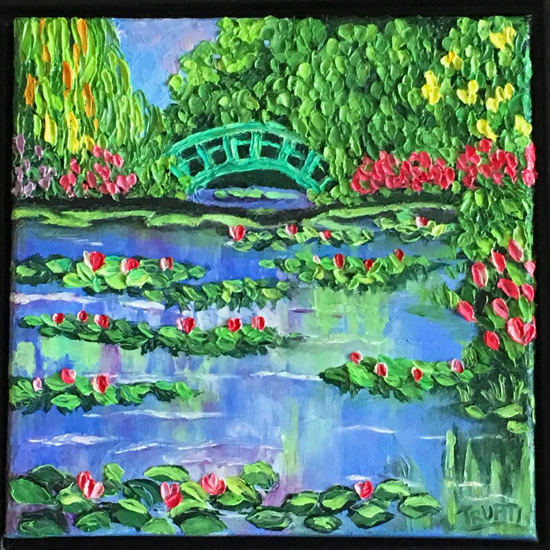 Framed Art Monet/'s Pink Lily Pond Impasto Palette Knife Art Original Oil Painting by Trupti Vakharia