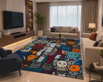 KAWS Style Area Rug, Street Art Carpet, Modern Living Room Rug, Hypebeast Home Decor, Colorful Cartoon Floor Mat.