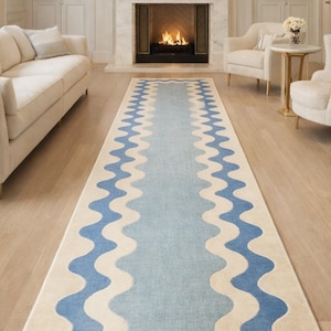 Handmade Blue Wave Runner Rug, Modern Scandinavian Coastal Hallway Carpet