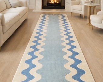 Tappeto a corsia blu con motivo a onde, realizzato a mano, moderno tappeto scandinavo in stile costiero per corridoio.