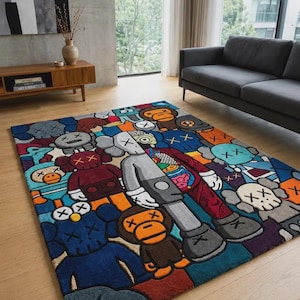 KAWS-stil matta, gatukonstmatta, modern vardagsrumsmatta, Hypebeast heminredning, färgglad tecknad golvmatta. bild 7