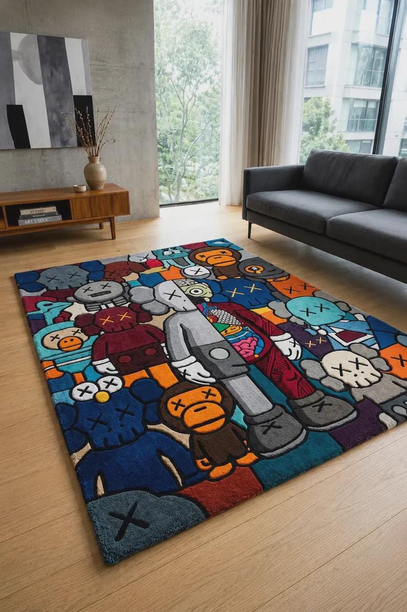 KAWS-stil matta, gatukonstmatta, modern vardagsrumsmatta, Hypebeast heminredning, färgglad tecknad golvmatta. bild 7
