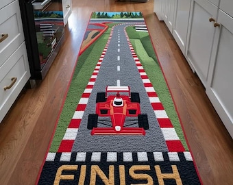 Tappeto fatto a mano con auto da corsa di Formula, tappeto da corsa per il traguardo, tappeto per la stanza dei giochi a tema motorsport.