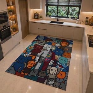 KAWS-stil matta, gatukonstmatta, modern vardagsrumsmatta, Hypebeast heminredning, färgglad tecknad golvmatta. bild 2