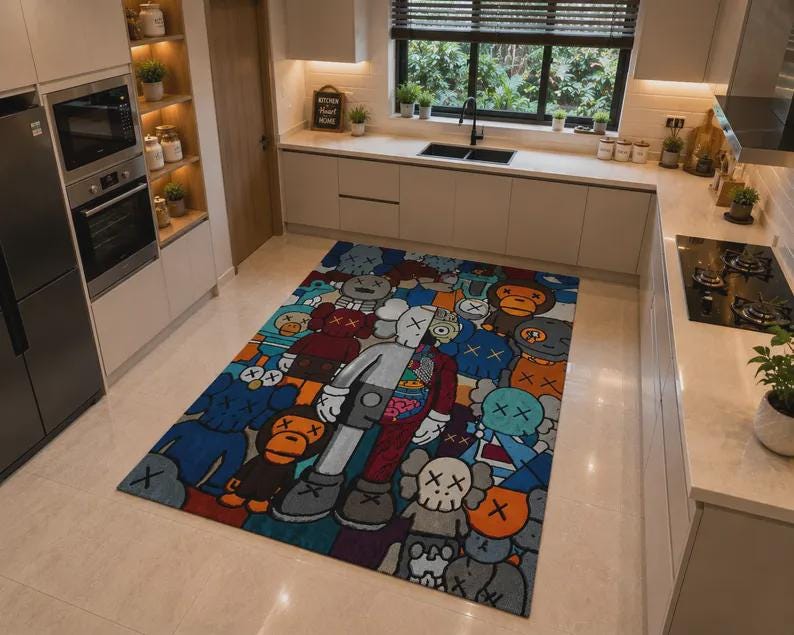 KAWS-stil matta, gatukonstmatta, modern vardagsrumsmatta, Hypebeast heminredning, färgglad tecknad golvmatta. bild 2