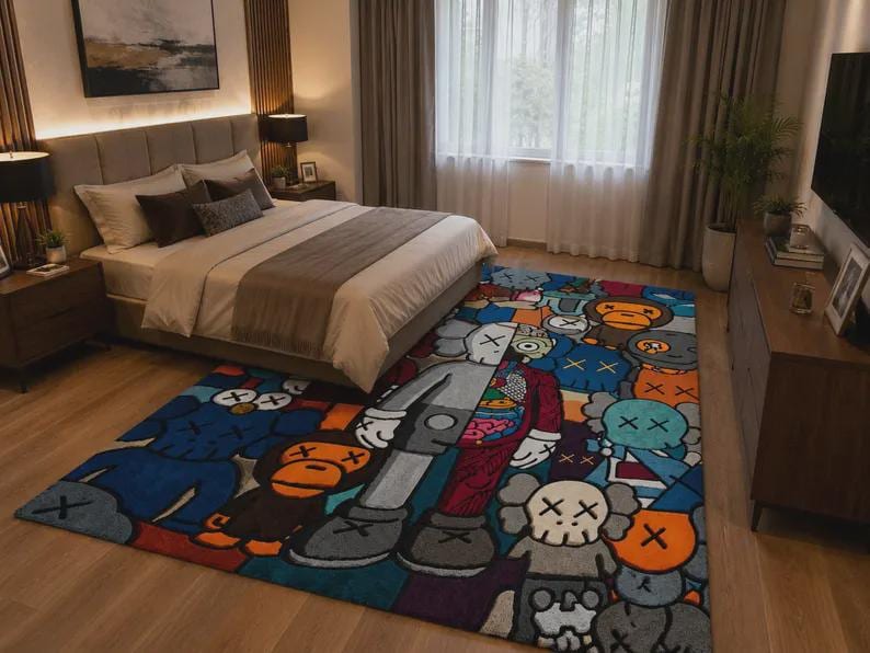 KAWS-stil matta, gatukonstmatta, modern vardagsrumsmatta, Hypebeast heminredning, färgglad tecknad golvmatta. bild 6