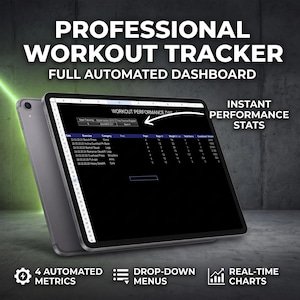 Può includere: Un tablet che mostra un foglio di calcolo per il monitoraggio dell'allenamento professionale con una dashboard completamente automatizzata. Lo schermo mostra colonne per data, esercizio, categoria, serie, ripetizioni, peso in kg e volume totale.