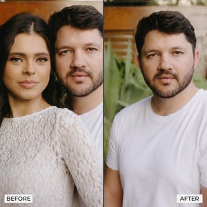 May include: A split-screen comparison showing a before and after photo editing result. The left side features a person with dark hair wearing a white lace long-sleeve top next to a person with a beard. The right side shows the bearded person alone.