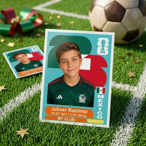 May include: A rectangular trading card featuring a portrait of a young person wearing a dark green soccer jersey with a white logo. The card displays the text Juliver Ramirez, 05-07-1977, 3.75, 50 kg, MY CLUB, and MEXICO, alongside a FIFA logo and a Mexican flag.