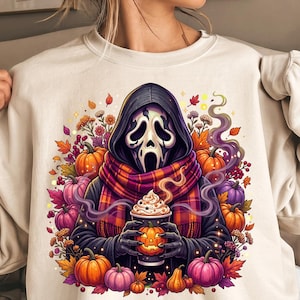 Ghostface Fall Coffee PNG, Halloween Latte Shirt Design, Autumn Spooky Season Sublimation, I Like Coffee And Spooky Movies Digital Download