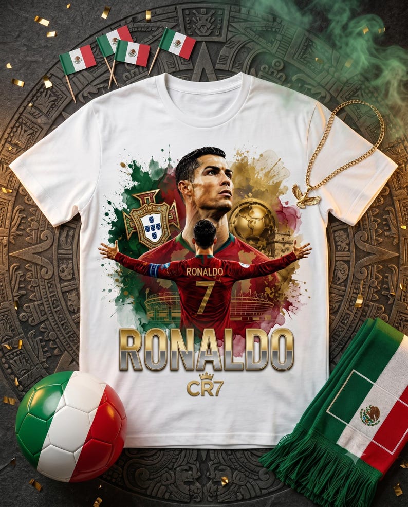 May include: A white t-shirt featuring a graphic print of Cristiano Ronaldo in a red Portugal jersey with his arms outstretched. The design includes the Portugal crest, a soccer ball, the text RONALDO, and the CR7 logo with a crown icon.