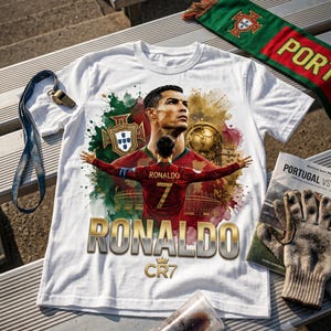 May include: A white t-shirt featuring a graphic print of Cristiano Ronaldo in a red Portugal jersey with arms outstretched. The design includes the Portugal national crest, a golden soccer ball, the text RONALDO, and the CR7 logo in gold.