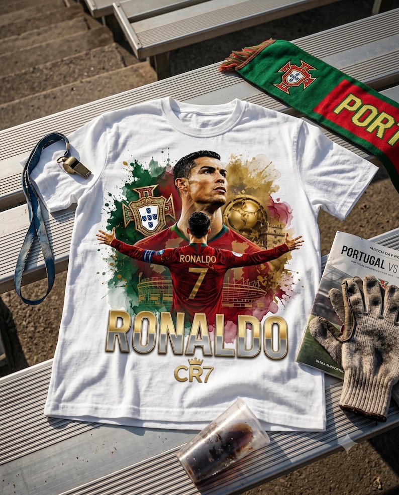 May include: A white t-shirt featuring a graphic print of Cristiano Ronaldo in a red Portugal jersey with arms outstretched. The design includes the Portugal national crest, a golden soccer ball, the text RONALDO, and the CR7 logo in gold.
