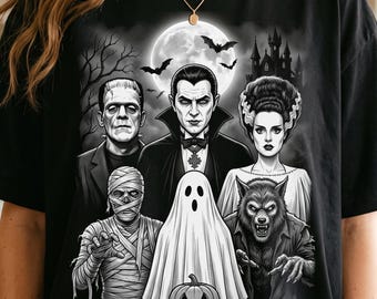 Classic Halloween Monsters PNG, Vintage Horror Characters Artwork, Dracula Ghost Werewolf Mummy Bride, Spooky Halftone Design