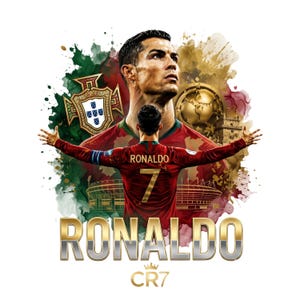 May include: A graphic illustration featuring Cristiano Ronaldo in a red Portugal jersey with the number 7, a golden soccer ball, the Portuguese Football Federation crest, and stadium silhouettes. The text RONALDO and CR7 appear in gold and silver.