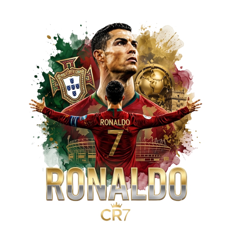 May include: A graphic illustration featuring Cristiano Ronaldo in a red Portugal jersey with the number 7, a golden soccer ball, the Portuguese Football Federation crest, and stadium silhouettes. The text RONALDO and CR7 appear in gold and silver.