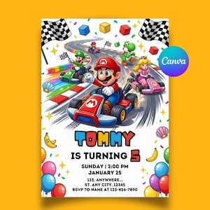 May include: A birthday invitation featuring Mario, Luigi, Yoshi, and Princess Peach in go-karts on a rainbow track. The text reads: TOMMY IS TURNING 5, SUNDAY | 2:00 PM, JANUARY 25, 123, ANYWHERE... ST. ANY CITY, 12345, RSVP TO NAME AT 123-456-7890.