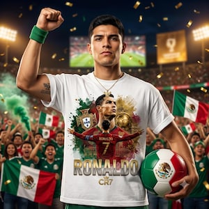 May include: A white t-shirt featuring a graphic print of Cristiano Ronaldo in a red jersey, the Portuguese coat of arms, and the text "RONALDO" and "CR7". The shirt is worn by a person holding a soccer ball with the Mexican flag design.