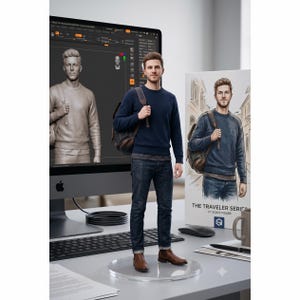May include: A 1/7 scale figure of a person wearing a navy blue crewneck sweater, dark blue jeans, and brown leather boots, carrying a brown backpack. The figure stands on a clear circular base next to a box labeled THE TRAVELER SERIES.