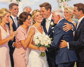 May include: An oil painting depicting a wedding scene with a bride in a white lace gown holding a bouquet of white roses, surrounded by family members in formal attire. The group stands under a white wooden arch decorated with pink roses.