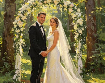 May include: A wedding portrait featuring a person in a black tuxedo and a person in a white lace wedding dress with a long veil, standing together under a large floral arch decorated with white roses and greenery in a sunlit forest setting.