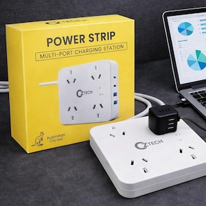 May include: A white CZTECH power strip with multiple outlets and a black cube-shaped adapter, displayed next to its yellow retail box labeled POWER STRIP MULTI-PORT CHARGING STATION with an Australian Owned kangaroo logo and a laptop nearby.