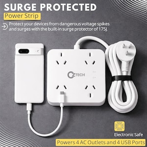 Peut inclure: Une multiprise parafoudre blanche CZTECH avec quatre prises secteur et quatre ports USB. L'appareil dispose d'un parasurtenseur de 175J, d'un cordon d'alimentation blanc avec une fiche à trois broches et d'un smartphone blanc connecté par câble USB-C.