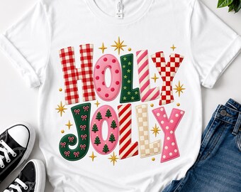 Holly Jolly PNG, Retro Christmas T-Shirt Design, Patchwork Plaid Xmas Sublimation, Preppy Holiday Shirt, Checkered Gingham Christmas Art