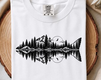 Fish Mountain Landscape PNG, Nature T-Shirt Design, Forest Lake Reflection Sublimation, Fishing Outdoor Silhouette Art, Trout Scenery Shirt