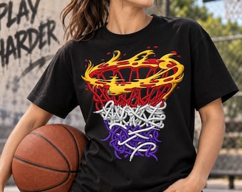 Basketball Net PNG, Flame Basketball T-Shirt Design, On Fire Hoop Sublimation, Sports Team Colors Art, Embroidery Style Basketball Shirt