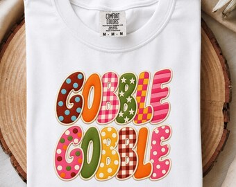 Gobble Gobble PNG, Thanksgiving T-Shirt Design, Fall Patchwork Sublimation, Autumn Plaid Gingham Art, Embroidery Style Thanksgiving Shirt