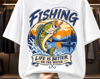 Embroidery Style Bass Fishing Sunset T-Shirt Design (Digital Download)
