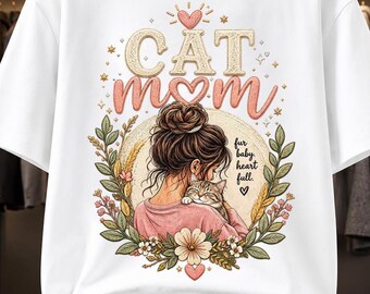 Cat Mom Embroidery Style T-Shirt Design, Floral Wreath, Fur Baby Heart (Digital Download)