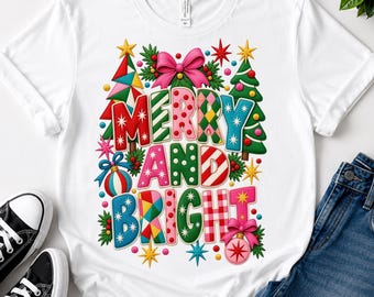 Merry and Bright PNG, Retro Christmas T-Shirt Design, Colorful Patchwork Xmas Sublimation, Groovy Christmas Trees Bow, Boho Holiday Art