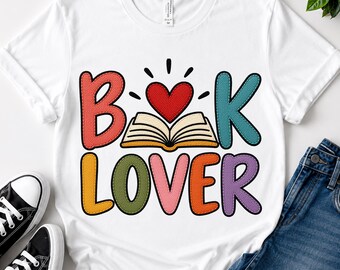 Book Lover PNG, Reading T-Shirt Design, Embroidery Style Book Sublimation, Colorful Bookworm Art, Cute Reading Heart Shirt Design