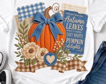 Embroidery Style Pumpkin T-Shirt Design, Farmhouse Fall Clipart (Digital Download)