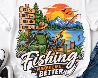 Embroidery Style Fisherman T-Shirt Design, Fishing design Sublimation Clipart PNG (Digital Download)