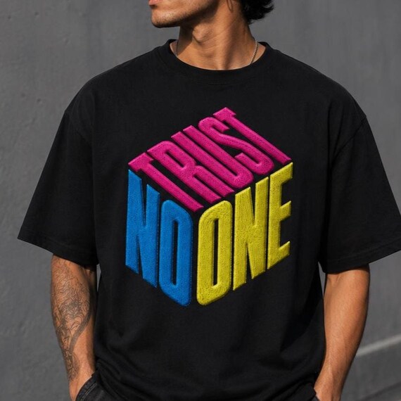 Trust No One 3D Cube Typography T-Shirt Design, Neon Streetwear Clipart (PNG)