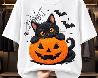 Black Cat Pumpkin Embroidery Style PNG, Halloween Kitten Sublimation Clipart (Digital Download)