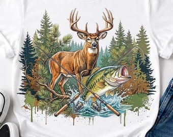 Hunting Fishing PNG, Deer and Bass Fish T-Shirt Design, Outdoorsman Sublimation, Whitetail Buck Fishing Rod Clipart PNG