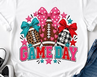 Game Day Football PNG, Coquette Bow Football T-Shirt Design, Leopard Buffalo Plaid Sublimation, Cute Football Mom Shirt, Varsity Letters