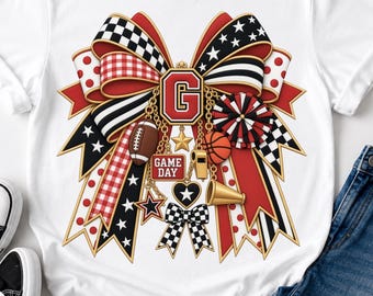 Game Day Bow PNG, Football Cheer T-Shirt Design, Red Black School Spirit Sublimation, Varsity Letter Charm Art, Team Mascot Bow Shirt