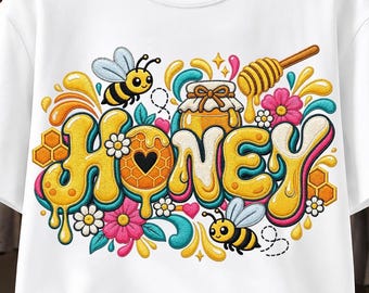 Honey Bee Floral T-Shirt Design, Embroidery Style Bubble Letters (Digital Download)