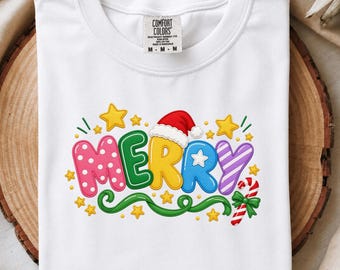 Merry PNG, Christmas T-Shirt Design, Colorful Santa Hat Sublimation, Cute Xmas Candy Cane Art, Embroidery Style Holiday Shirt Design