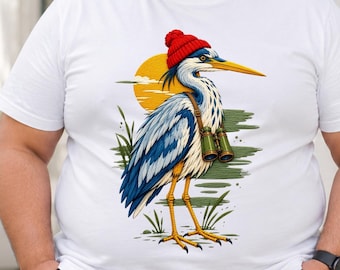 Blue Heron Birdwatching PNG, Funny Bird T-Shirt Design, Beanie Binoculars Sublimation, Embroidery Style Nature Art, Bird Watcher Shirt